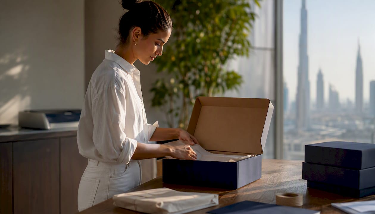 Hands packaging goods in Dubai home workspace