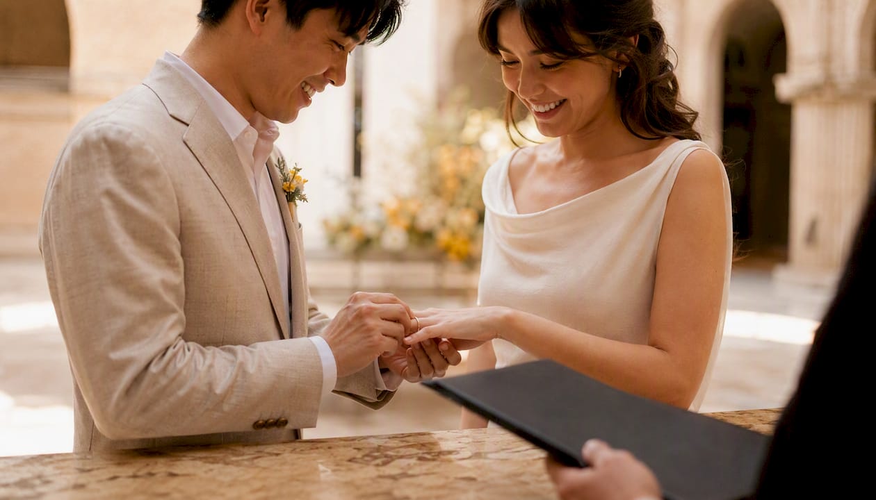 Hands exchanging rings at courthouse ceremony