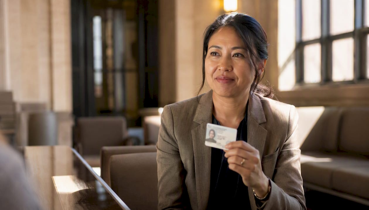 Witness holding ID at courthouse hall