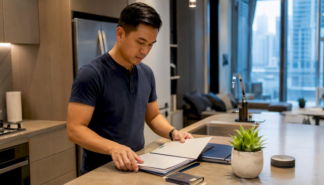 Filipino expat organizing travel documents