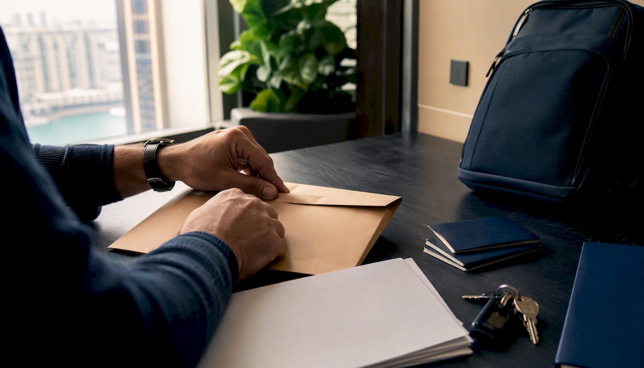 Hands packing courier envelope at home