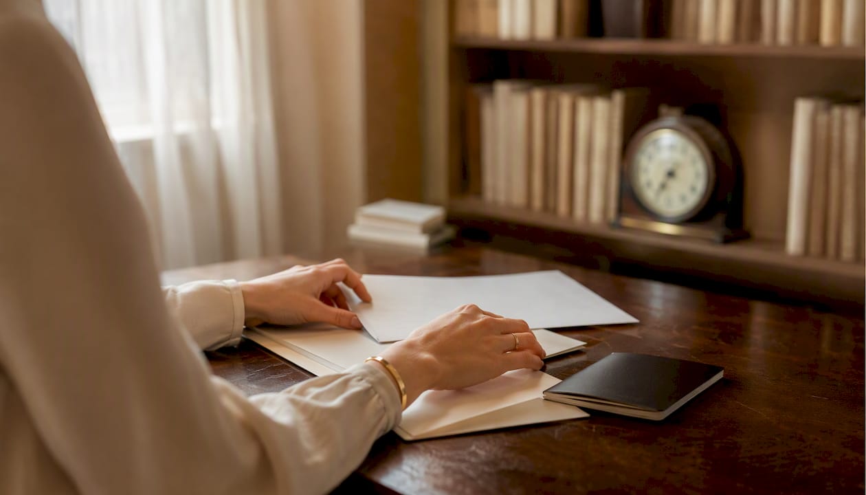 Hands organizing documents for courthouse wedding