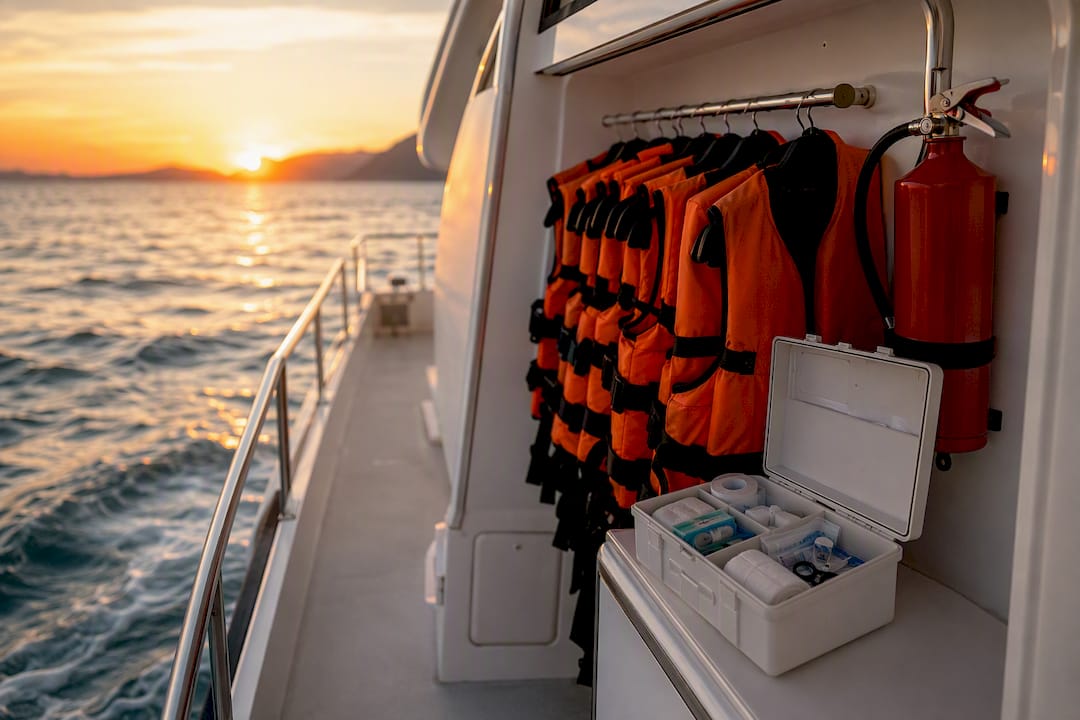 Yacht safety equipment including lifejackets and fire extinguisher