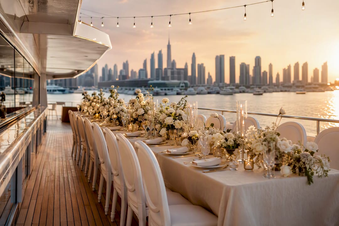 Luxury yacht wedding reception setup on deck