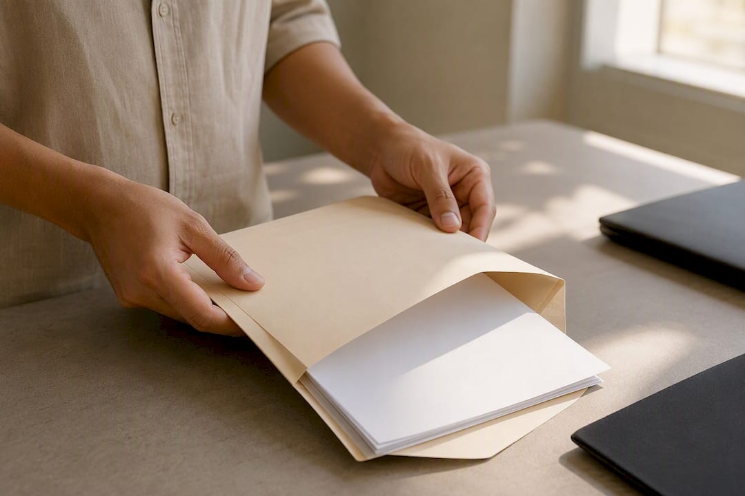 Hands handling attestation documents for courier