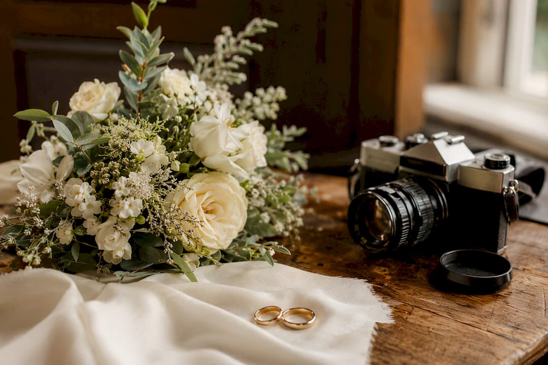 Wedding rings and bouquet on elegant table