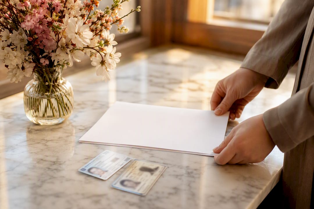 Hands arranging courthouse wedding documents and rings