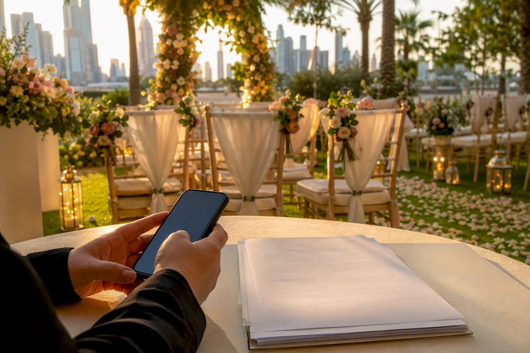 Outdoor wedding setup with permit documentation