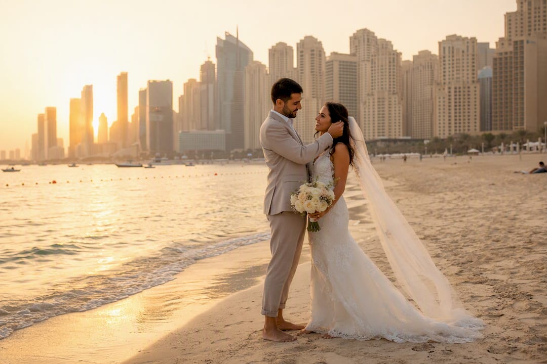 Bride and groom walking at Dubai Marina at sunset