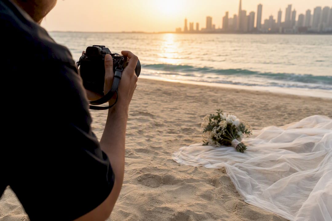 Wedding photographer preparing at JBR Beach at sunrise