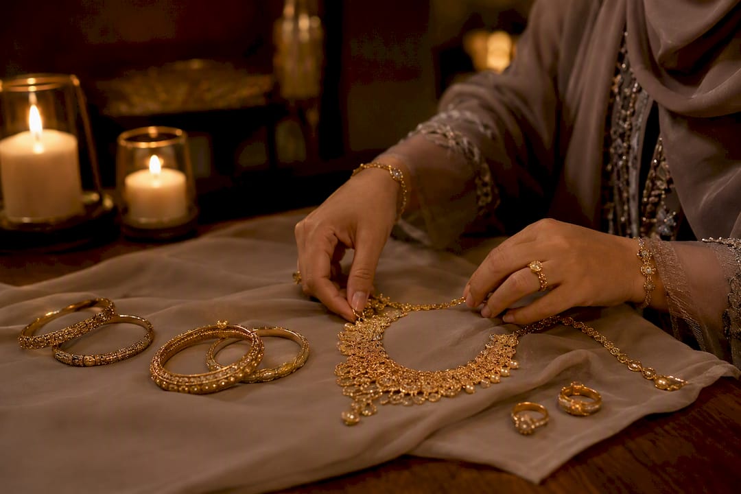 Muslim wedding gold jewelry being arranged