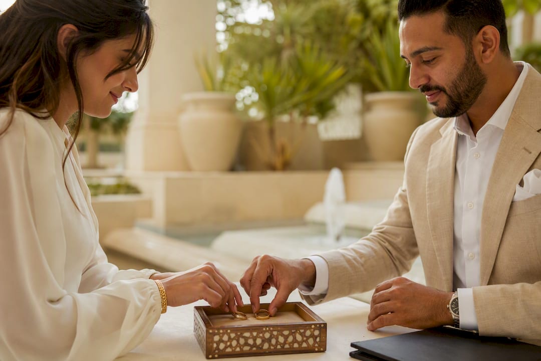 Hands exchanging wedding bands at UAE marriage registration