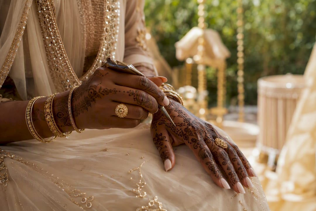 Bride's hands applying henna at cultural wedding