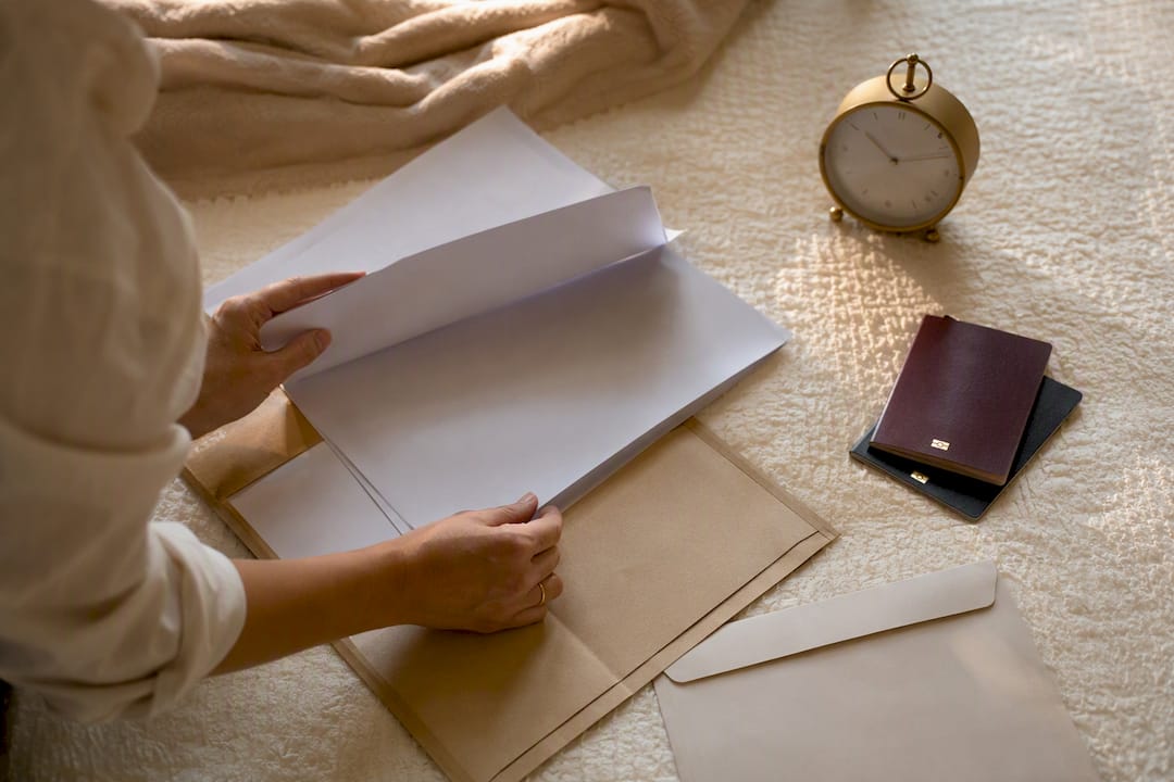 Hands sorting marriage paperwork and documents