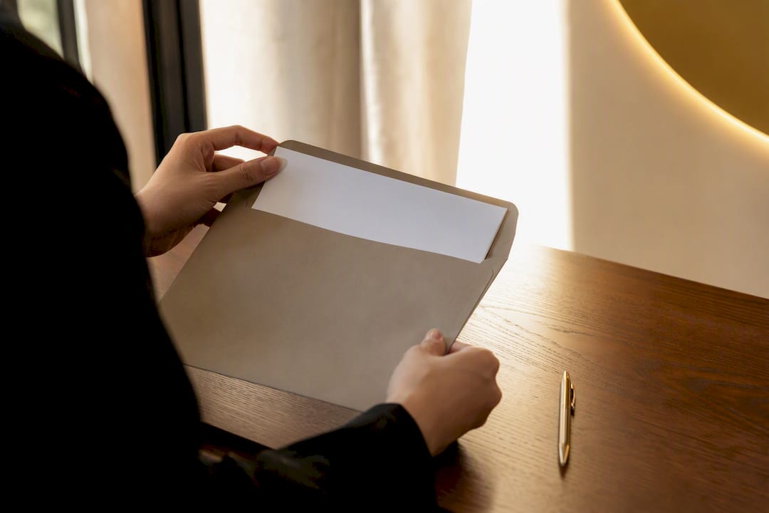 Hand placing attested marriage certificate into envelope