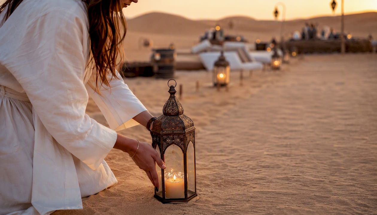 Planner arranging lanterns in Dubai desert wedding