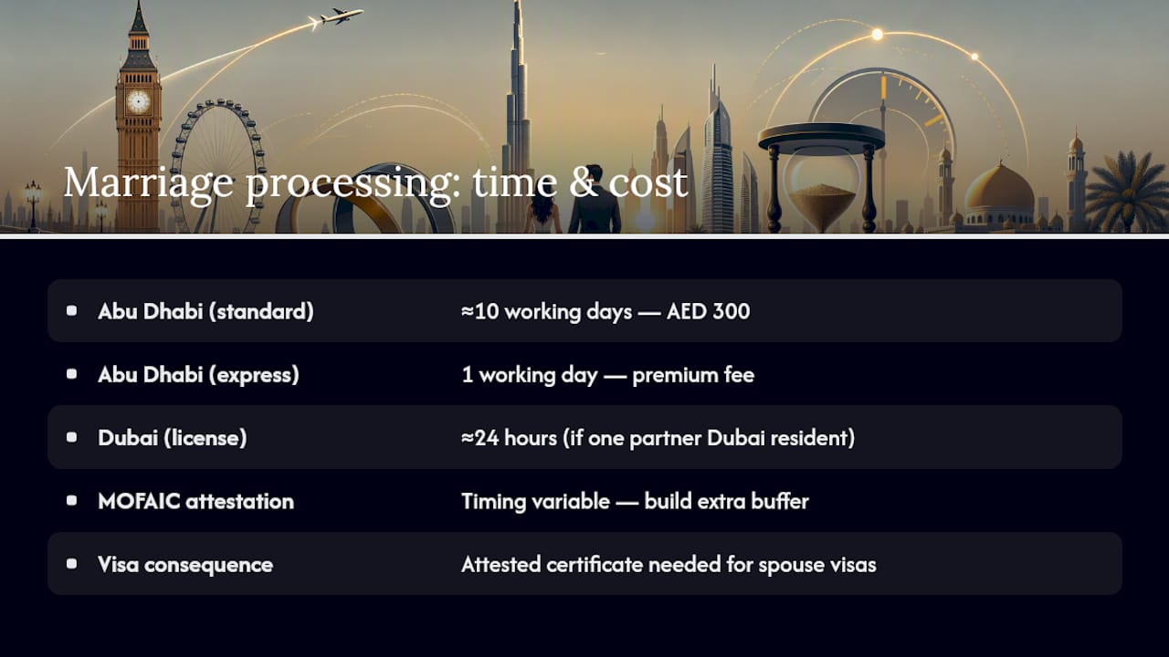 Comparison diagram of UAE marriage processing times and costs