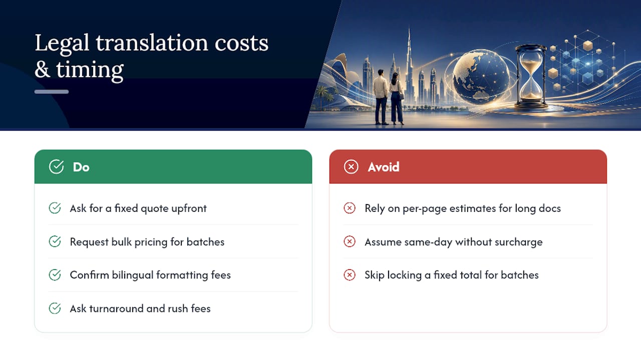What Legal Translation Costs in Dubai and How Long It Takes — overview diagram