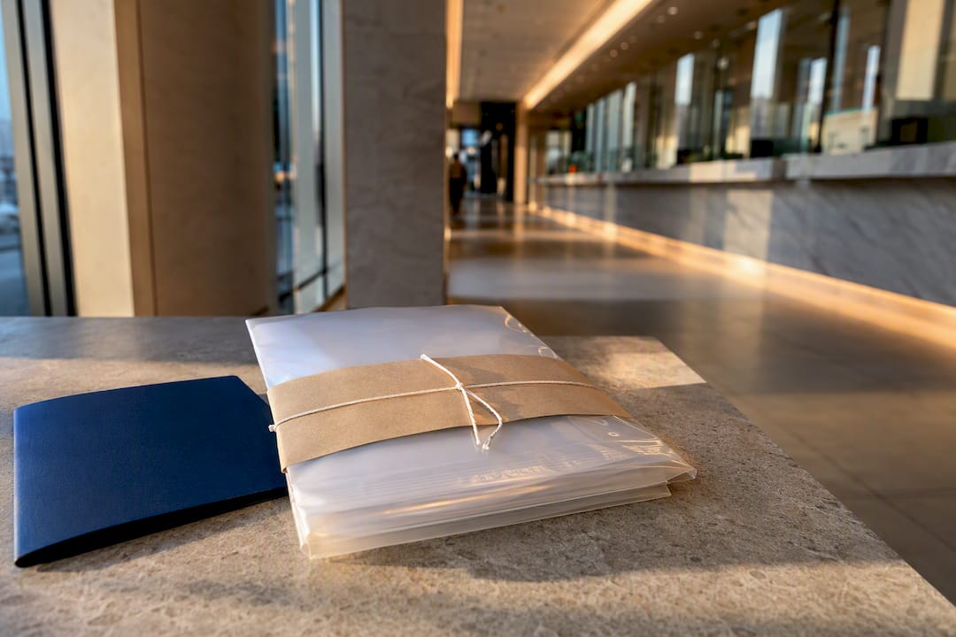 Sealed document pouch in embassy corridor
