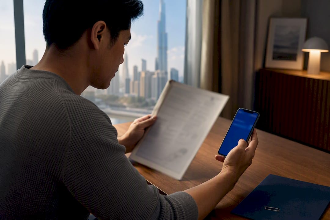 Expat reviewing digital attestation documents