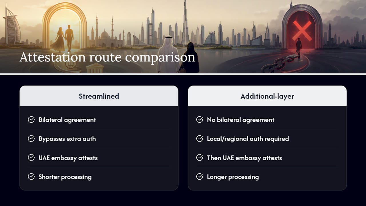 Comparison of country-specific attestation routes