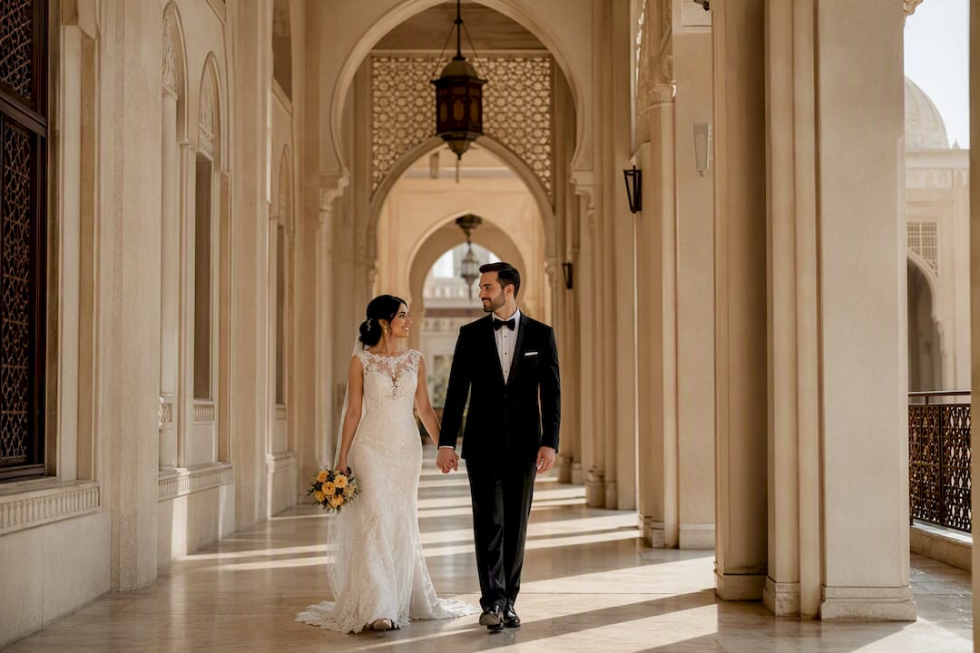 Couple walking through covered wedding walkway