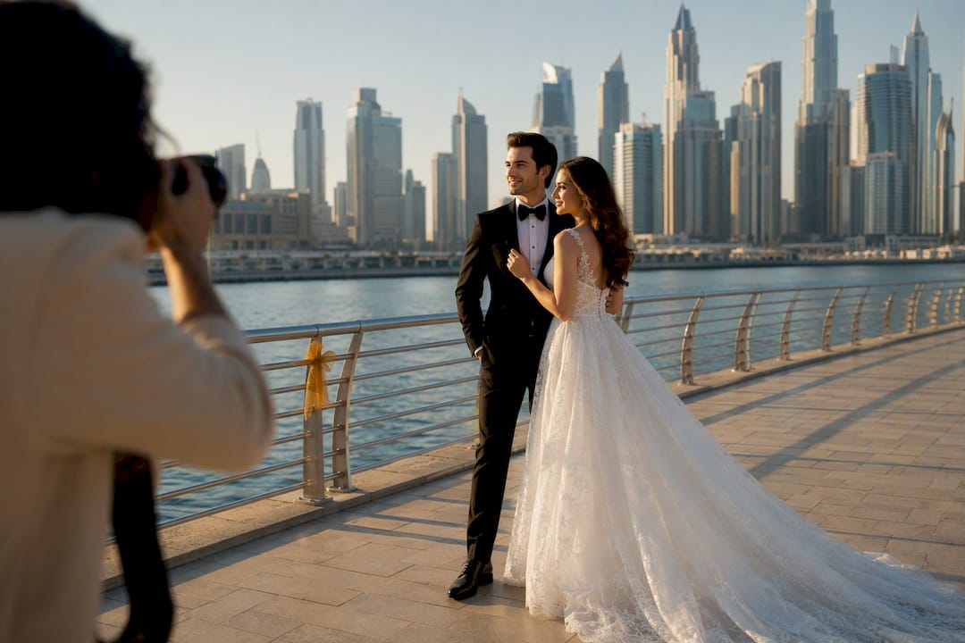 Wedding couple posing on Dubai waterfront