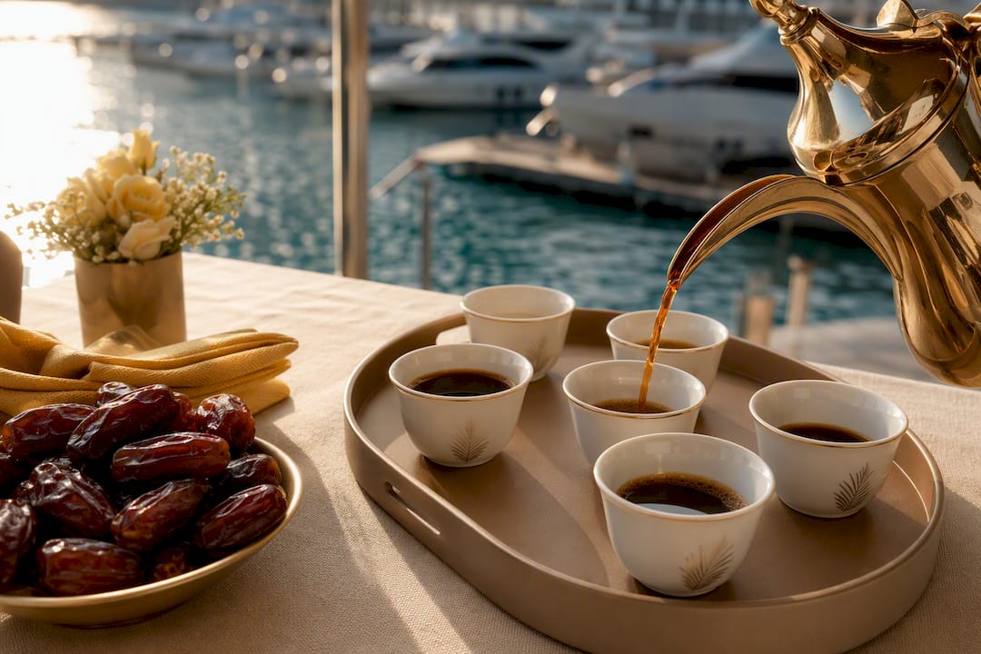 Arabic coffee and dates at wedding welcome