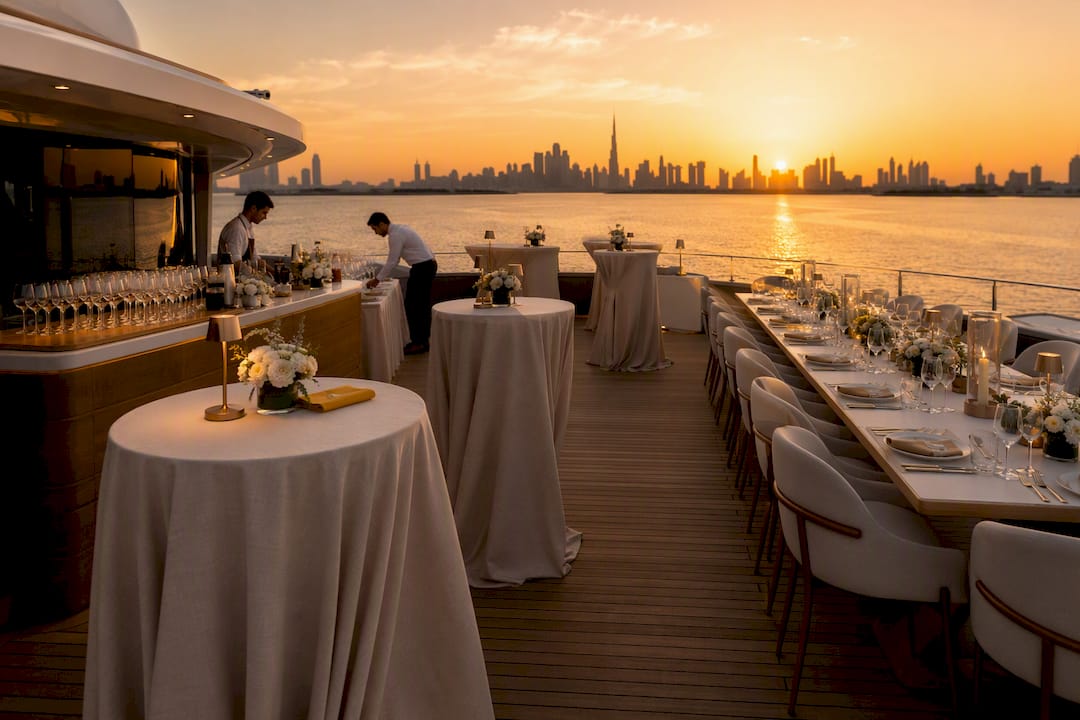 Dubai yacht reception deck at sunset