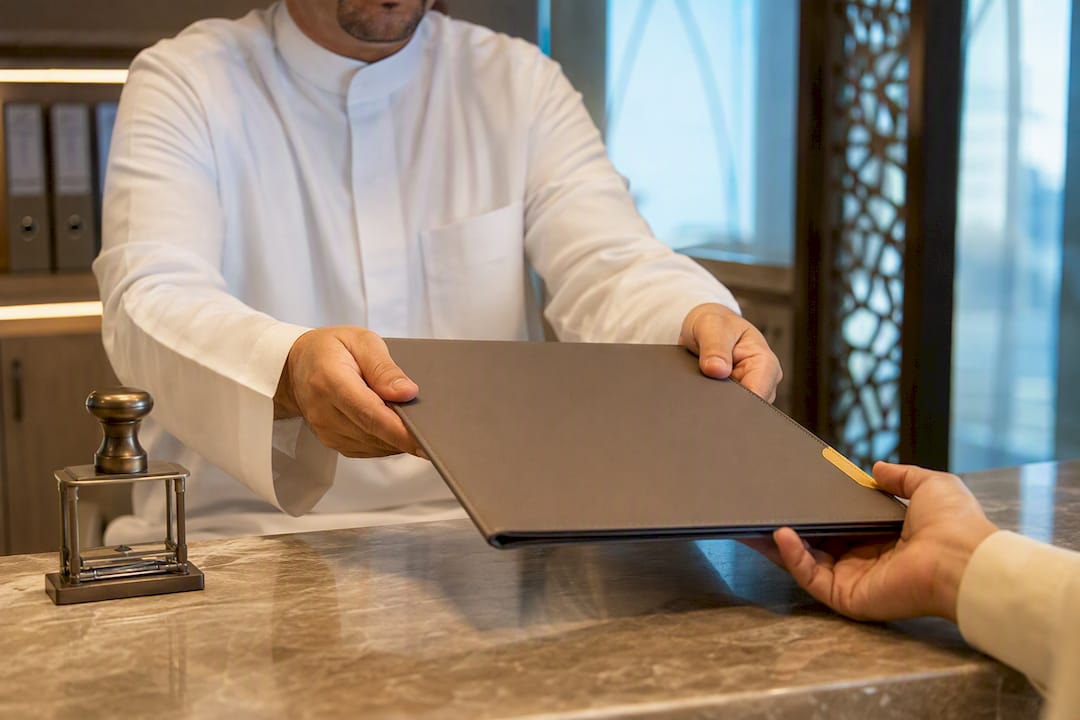 Certificate folder at consular authentication counter