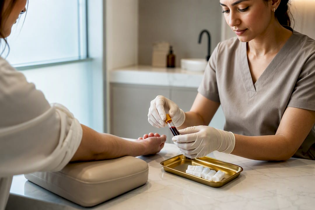 Clinician preparing premarital blood screening sample