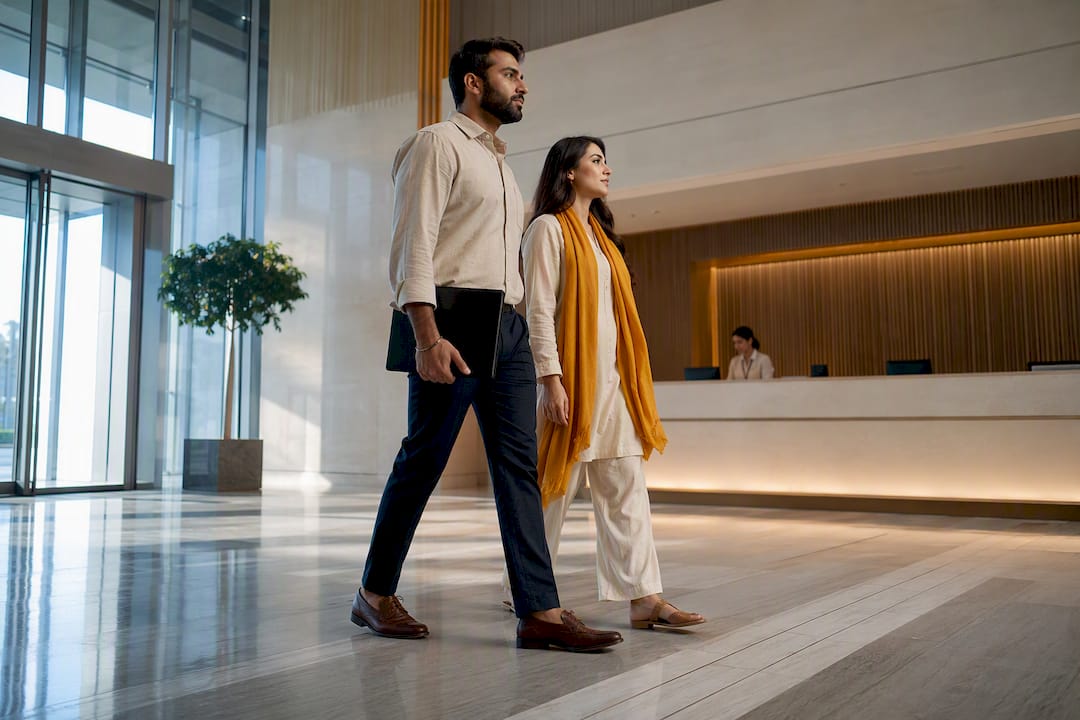 Expat couple approaching UAE service counter