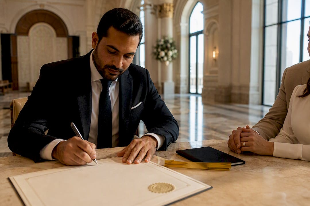 Notary signing civil marriage certificate