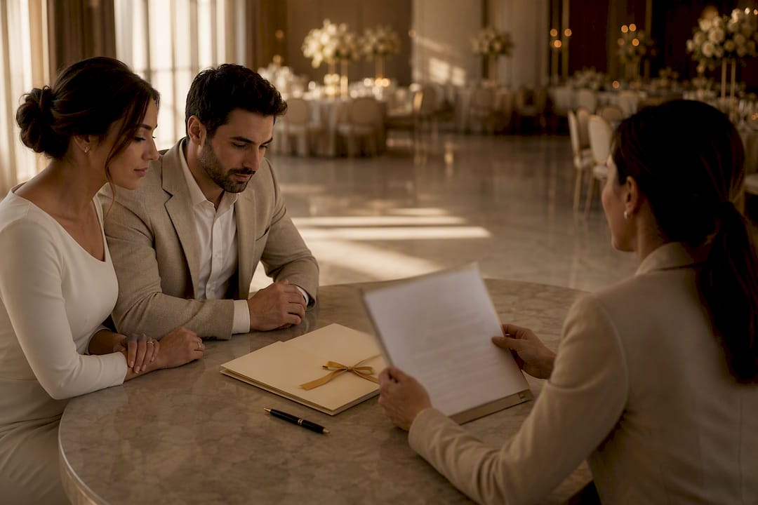 Couple reviewing wedding venue contract