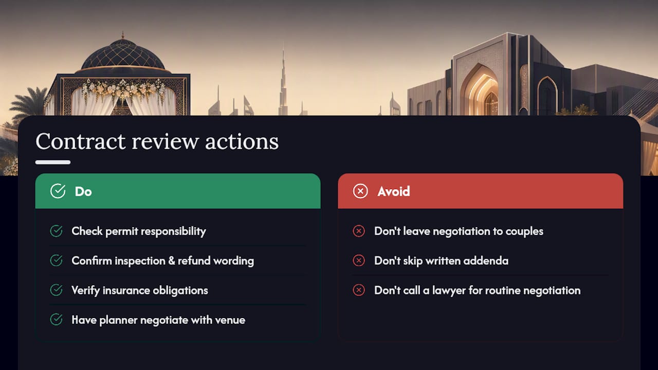 Harris & Charms' Approach to Venue Contract Reviews — overview diagram