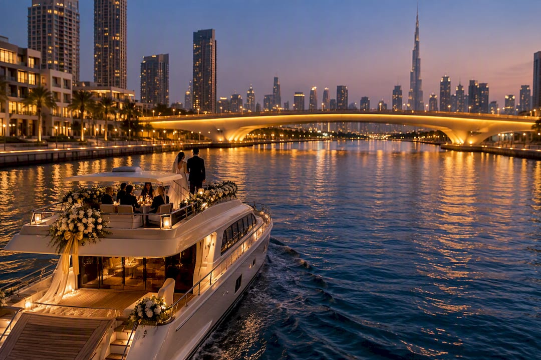 Yacht passing a lit Dubai Canal bridge
