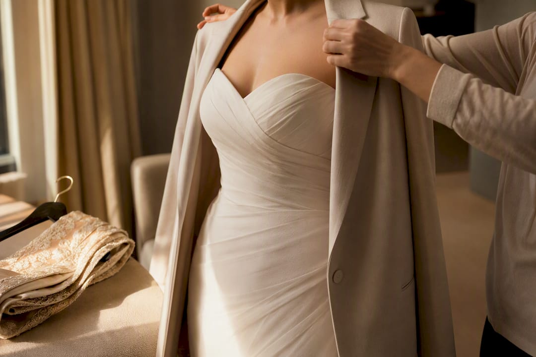 Blazer layered over strapless wedding gown