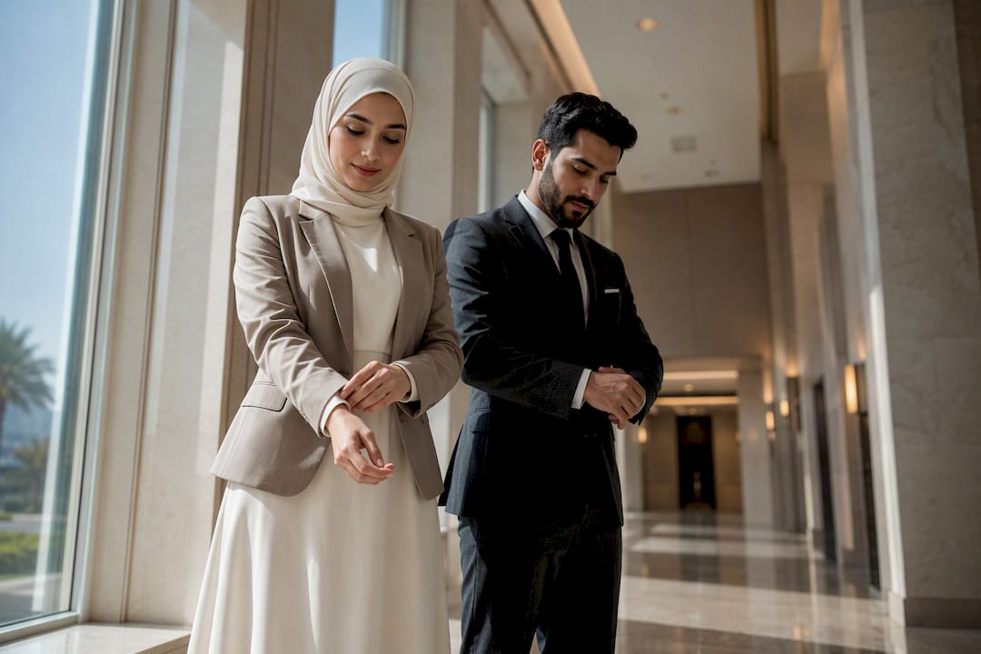 Couple in modest formal courthouse wedding attire