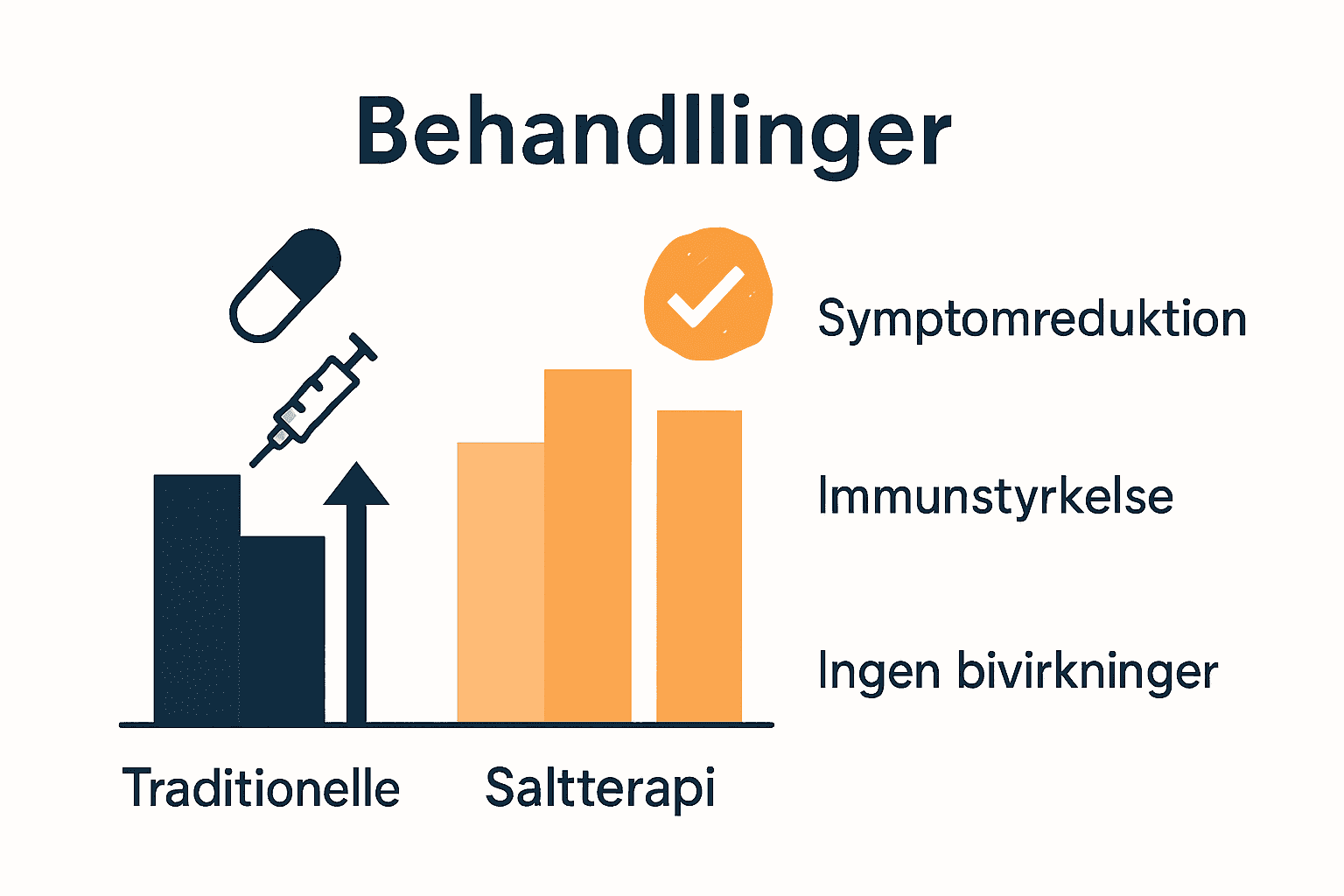 Infografik der sammenligner saltterapi og traditionelle allergibehandlinger med ikoner og diagram.