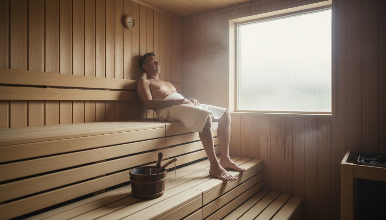 Man relaxing in Copenhagen wooden sauna