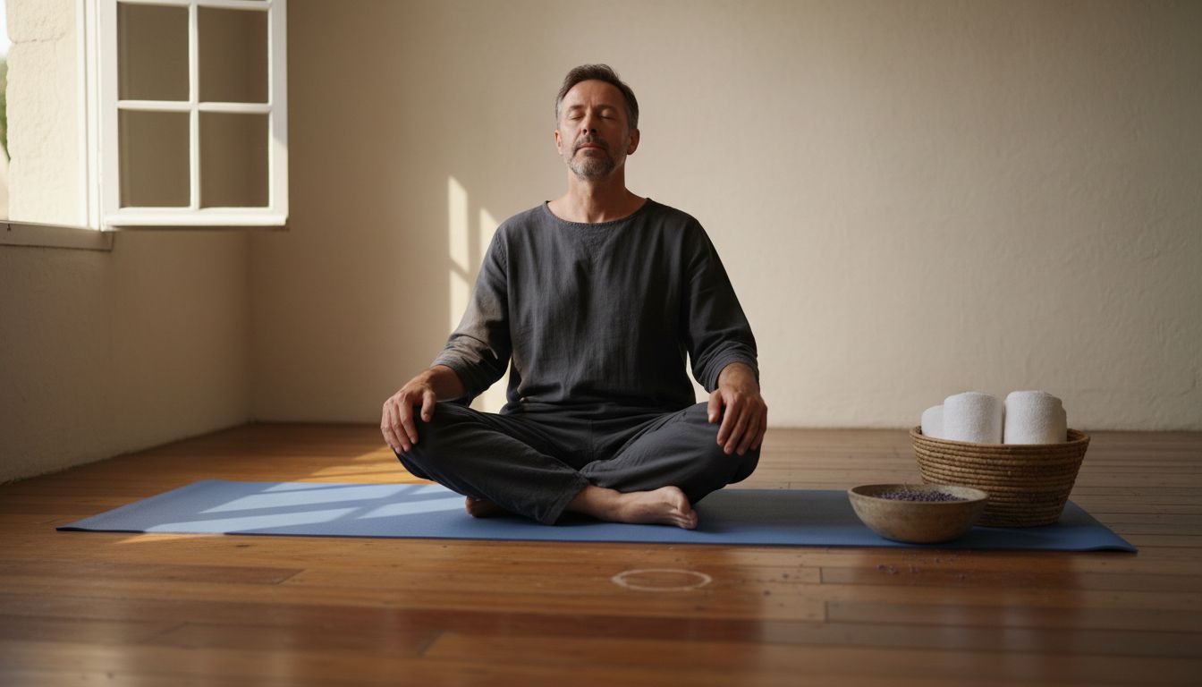 Man practices relaxation in serene spa space