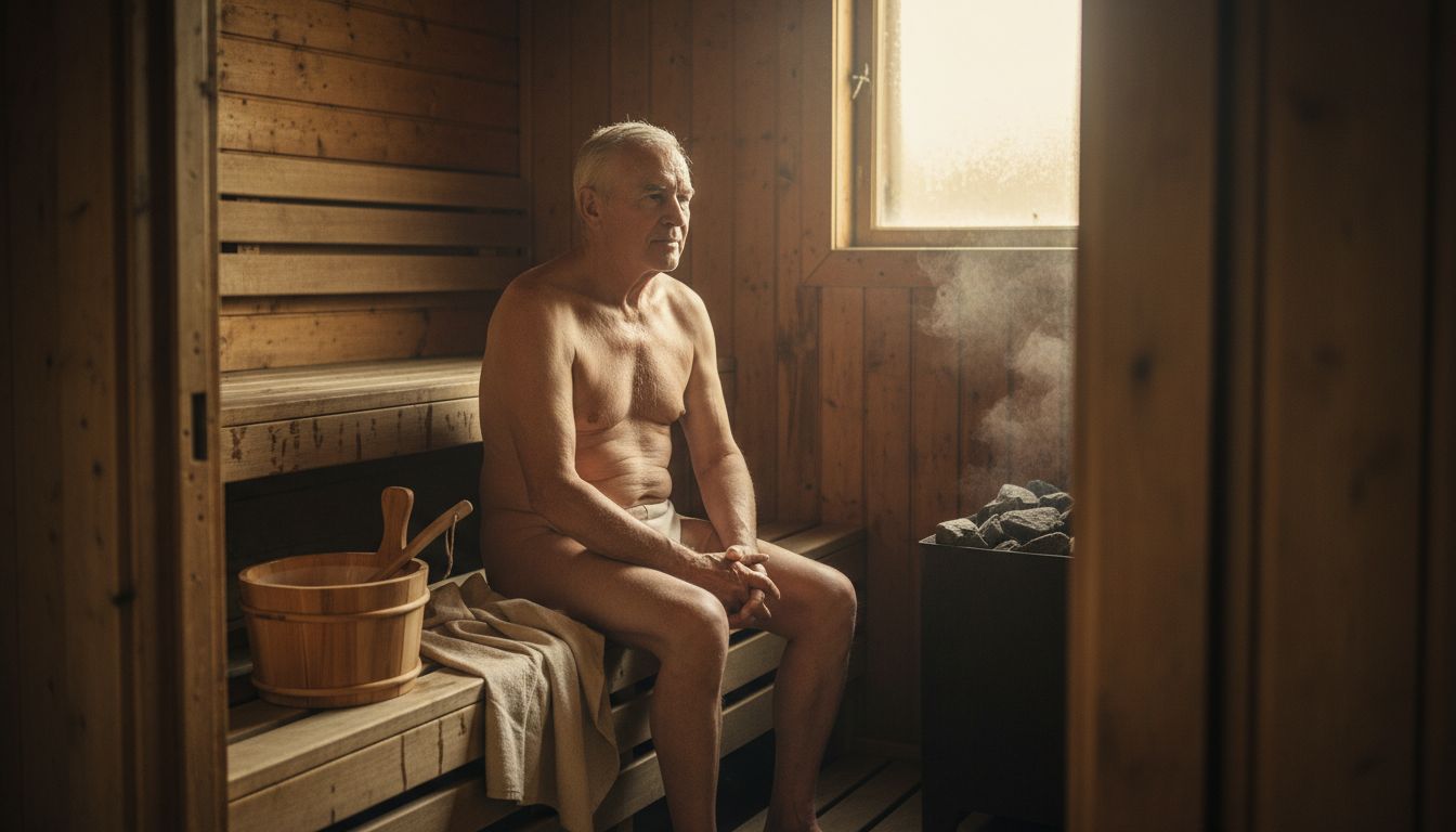 Man sitting quietly in wood sauna