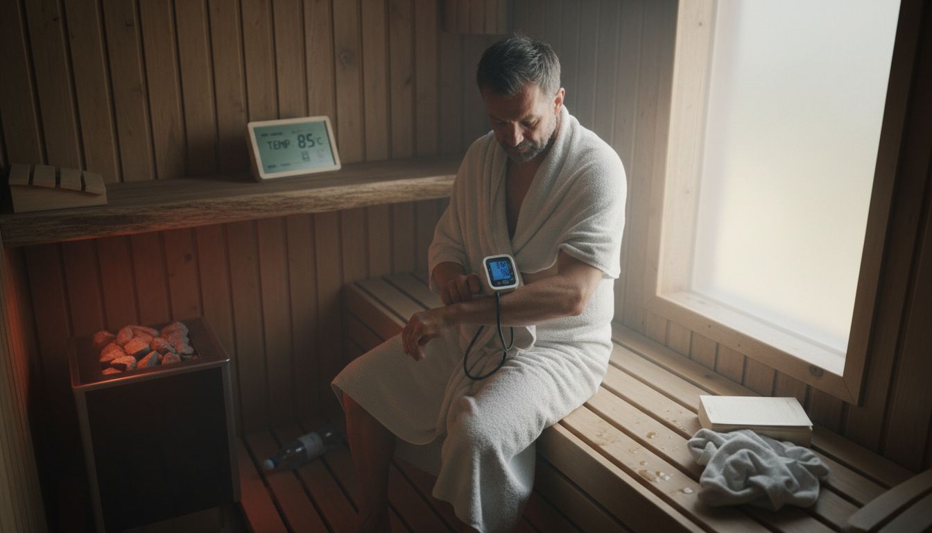 Man checks blood pressure in sauna