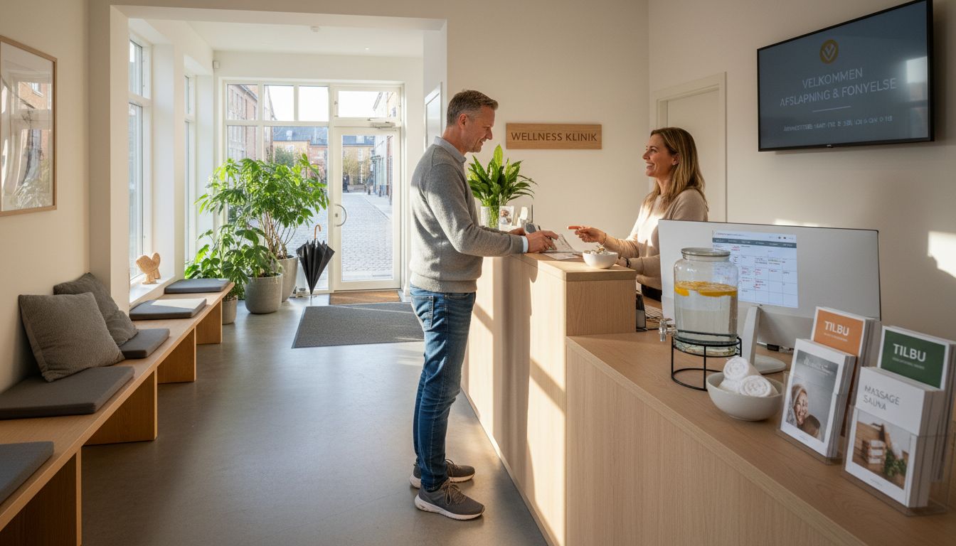 En receptionist tager smilende imod gæsterne i loungen på wellnesscentret.