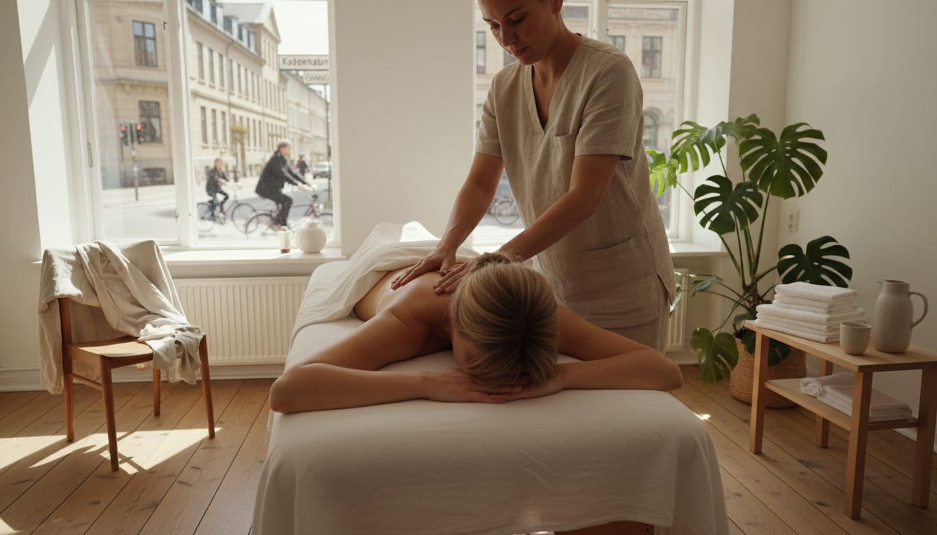 En kvinde nyder en afslappende massage i et lyst og indbydende spa midt i København.
