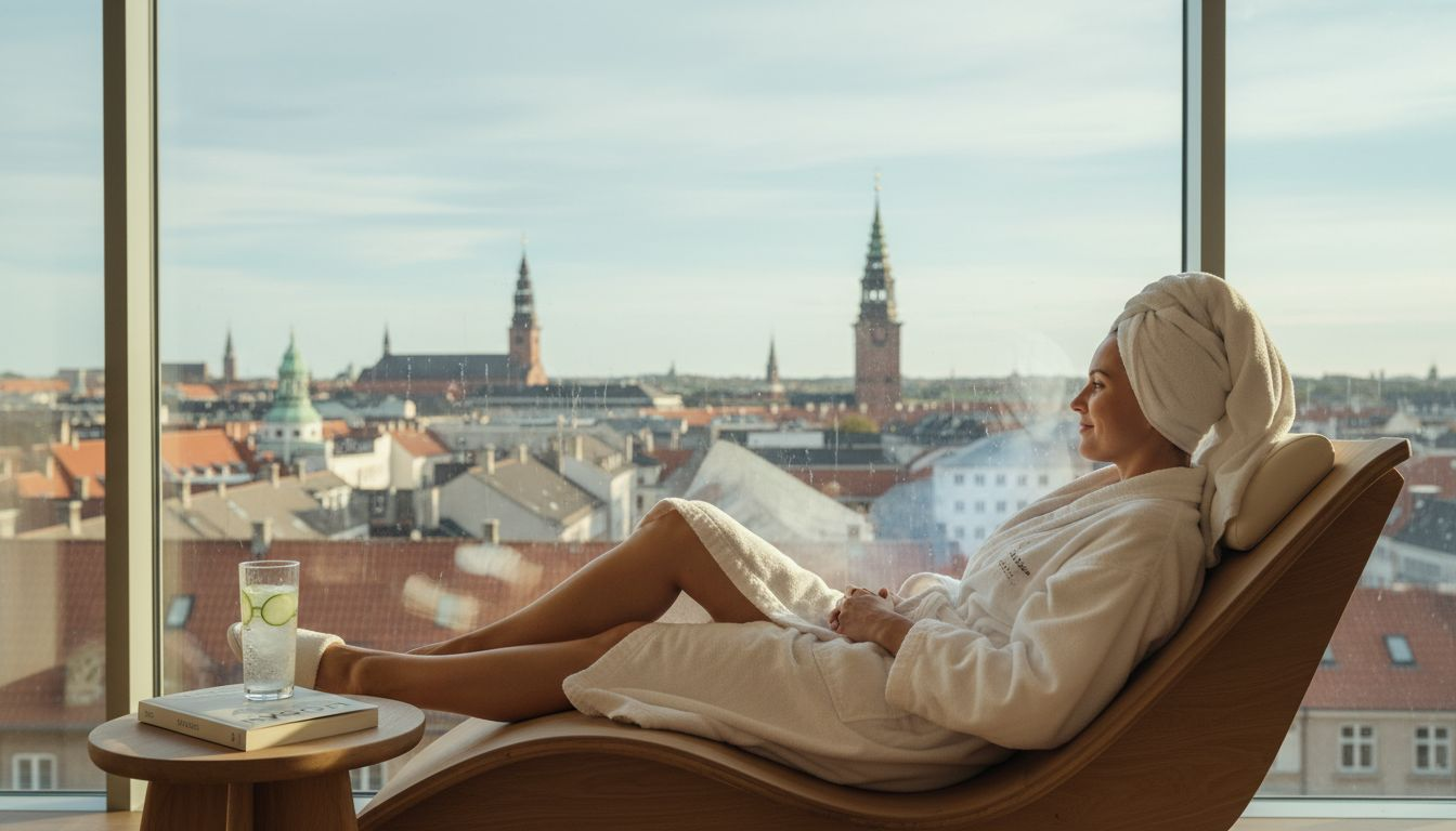 En kvinde nyder en afslappende stund ved vinduet i et spa midt i København.