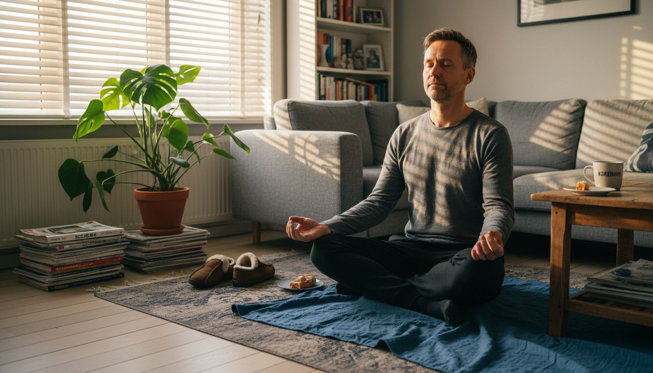 En mand sidder og mediterer i sin hyggelige lejlighed i København.