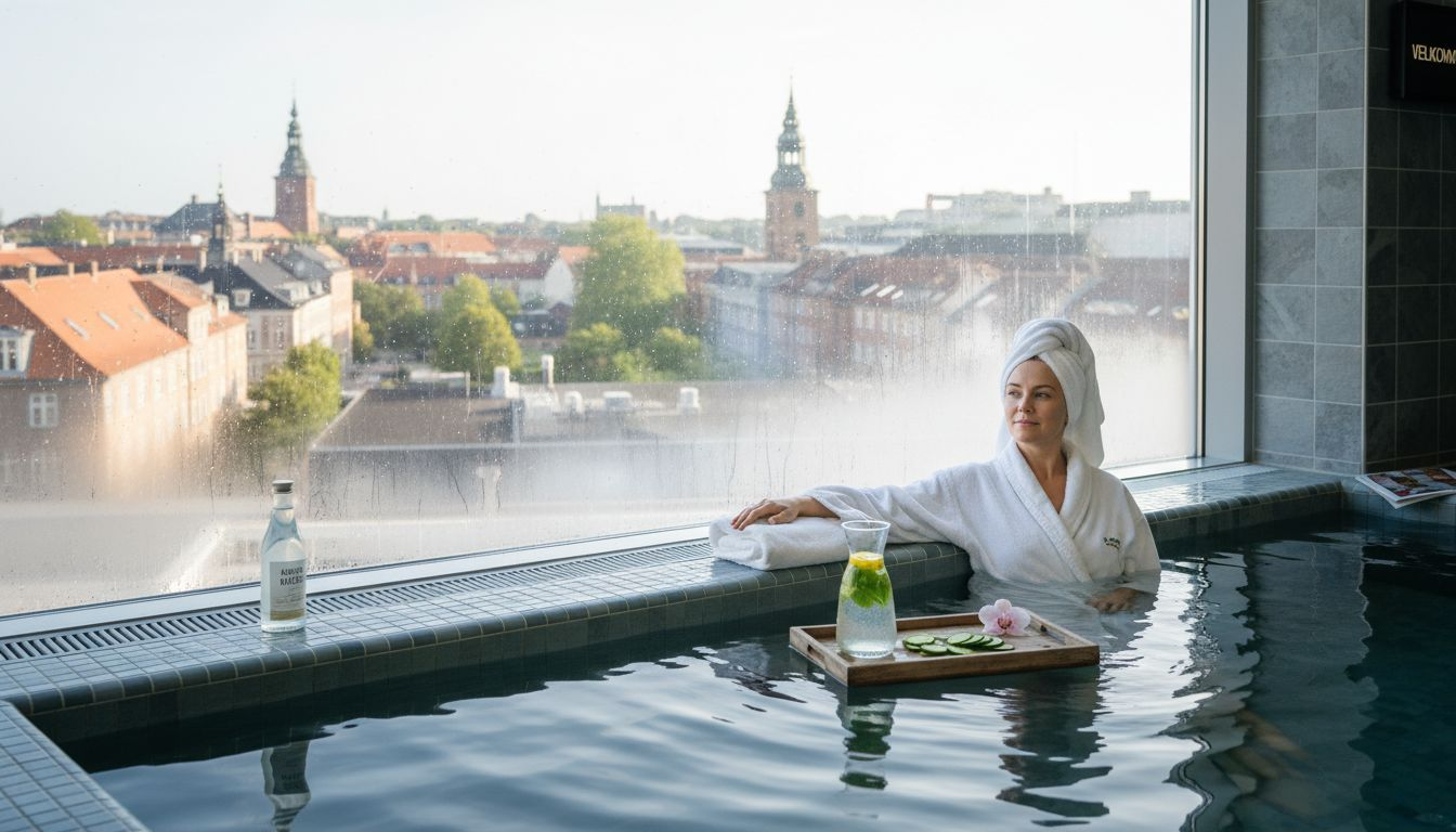 En kvinde nyder en afslappende stund ved vinduet på et spa i København.