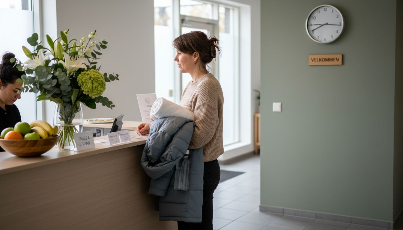 En gæst træder ind og bliver budt velkommen i spaens reception.
