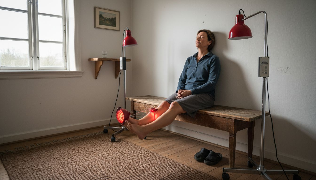 En kvinde modtager infrarød behandling i et lille kliniklokale.